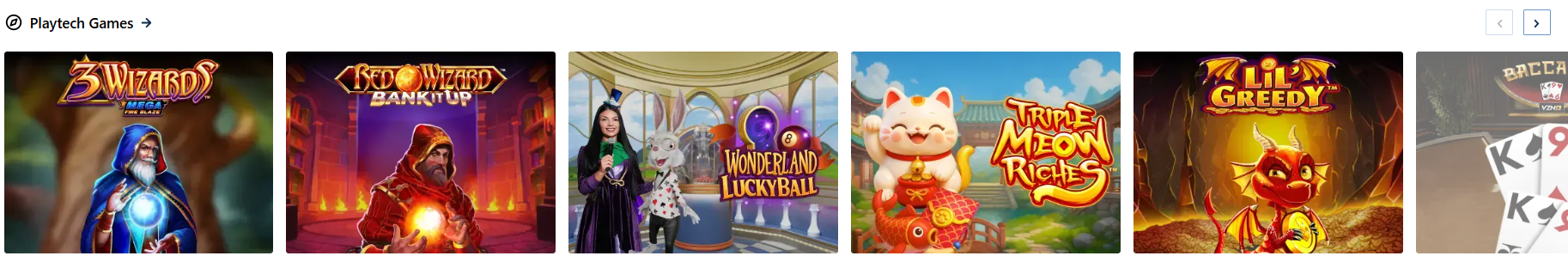 Playtech Games section showing titles such as 3 Wizards, Red Wizard, Wonderland Lucky Ball, Triple Meow Riches, Lil Greedy, and a baccarat game tile.
