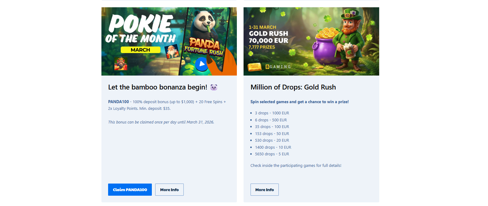 Casino promotions page featuring a Panda Fortune Rush offer with a 100% deposit bonus up to $1,000 plus free spins, alongside a Million of Drops: Gold Rush prize campaign with tiered cash rewards.